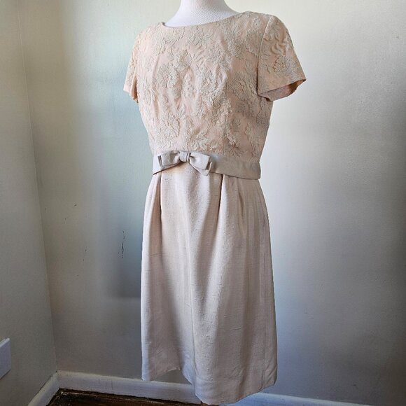 Vintage 50s 60s Beige Cream Bridal Lace 2 Pc Church Dress Set Sheath Mad Men S/M - Picture 1 of 9